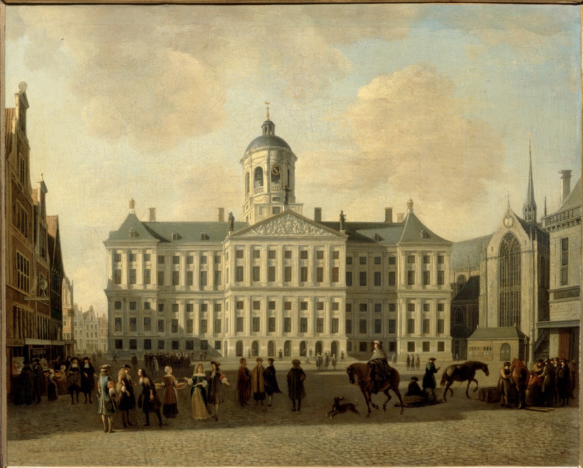 View of the Dam in Amsterdam with the New City Hall and the Nieuwe Kerk