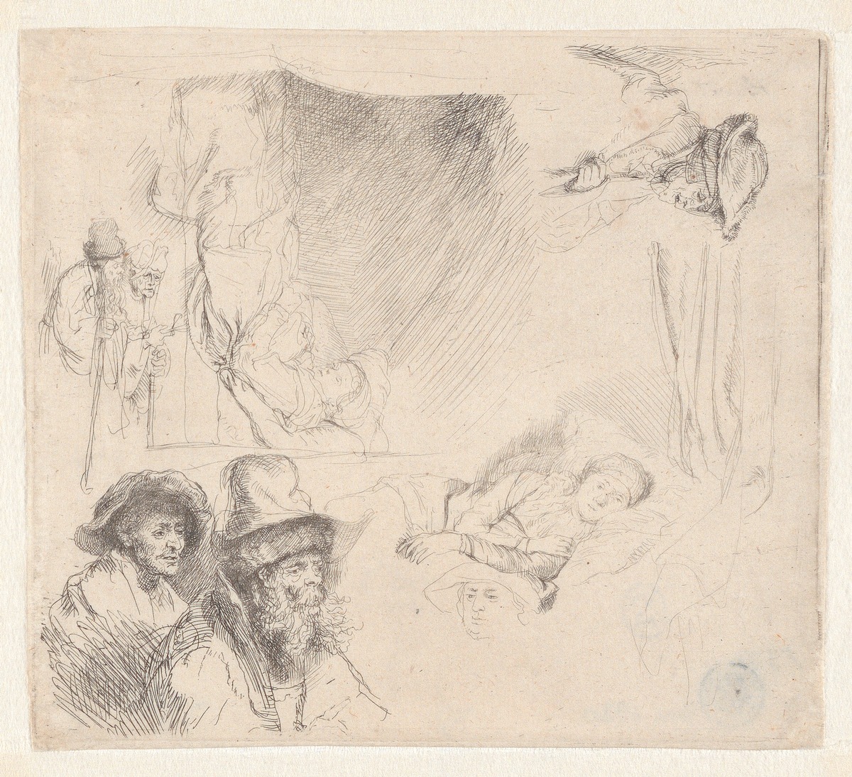 Sheet of Studies, With a Woman Lying Ill in Bed (Saskia?)